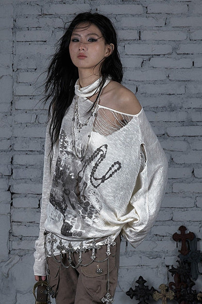 Ripped Off-Shoulder Punk Print Knit Top