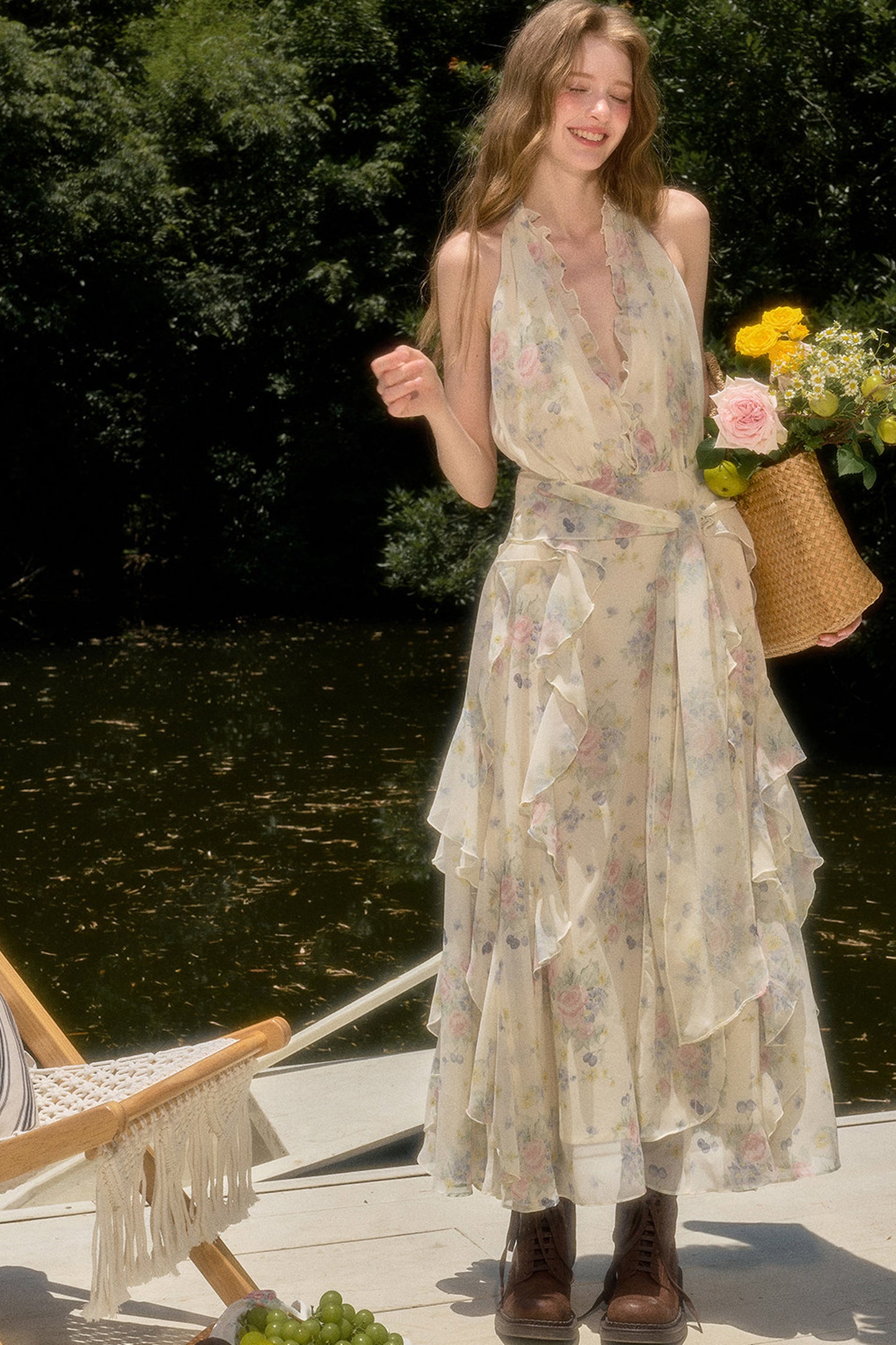 Floral Ruffle Sleeveless V-Neck Dress