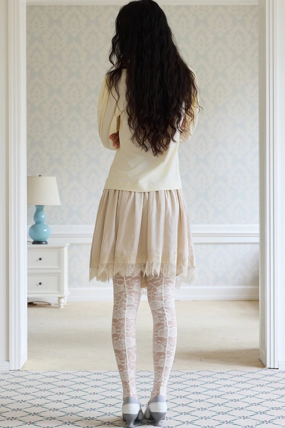 Asymmetrical Pleated A-Line Lace Trim Skirt