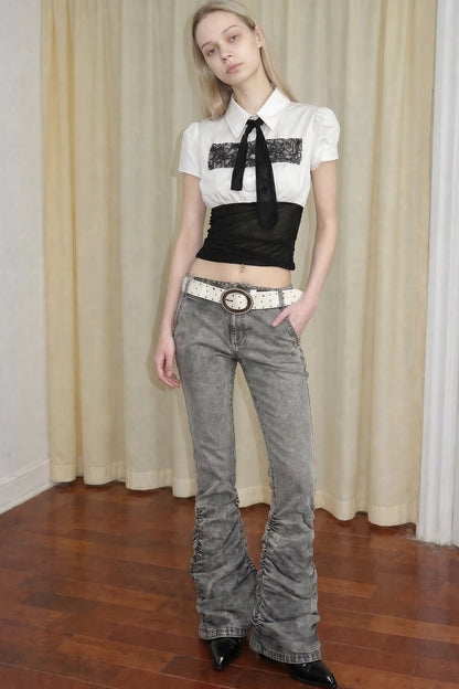 Low-Waisted Flared Pleated Denim Jeans