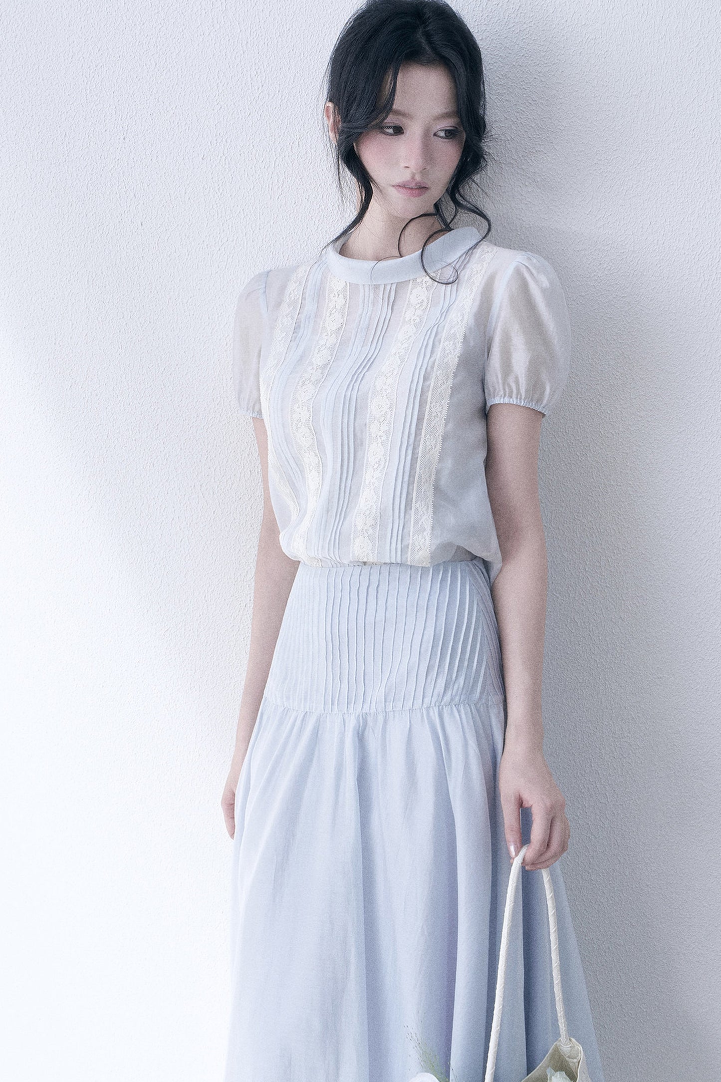 Lace Spliced Tencel Top and Skirt Set