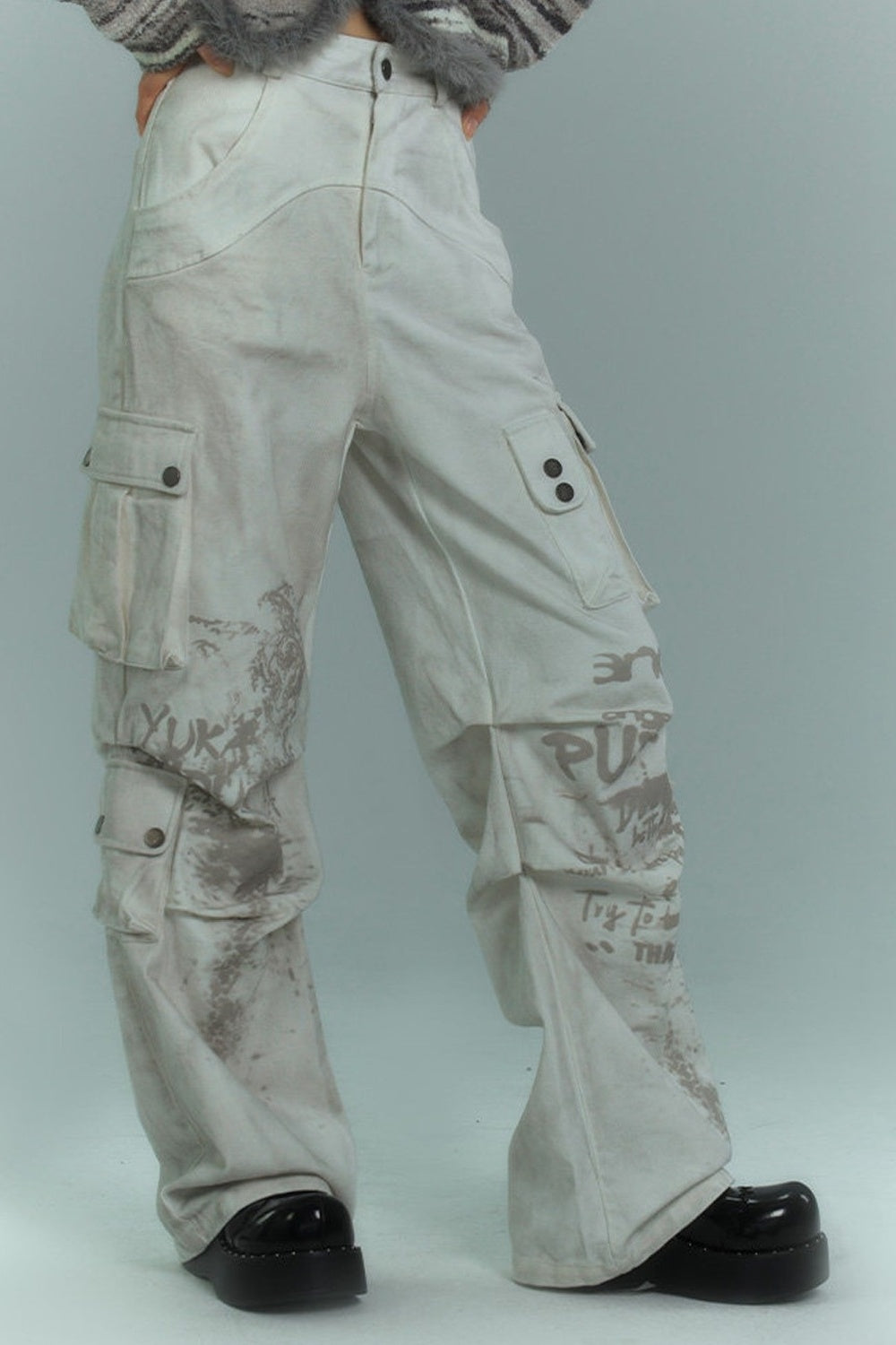 Dirty-Washed Multi-Pocket Wide-Leg Cargo Pants