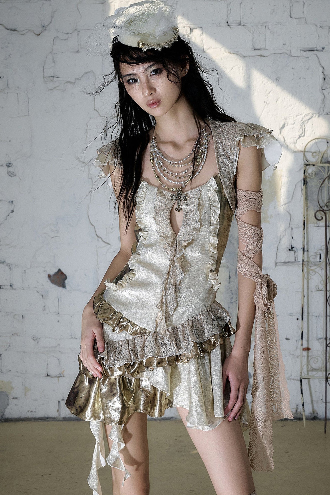 Baroque Gold Satin Ruffle Dress