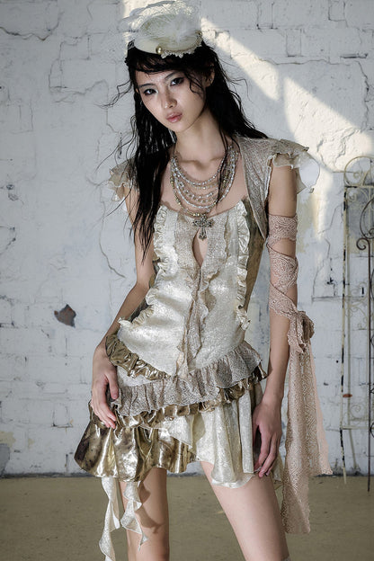 Baroque Gold Satin Ruffle Dress