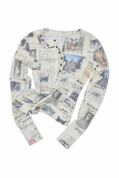 Cat Newspaper Print Waffle T-shirt