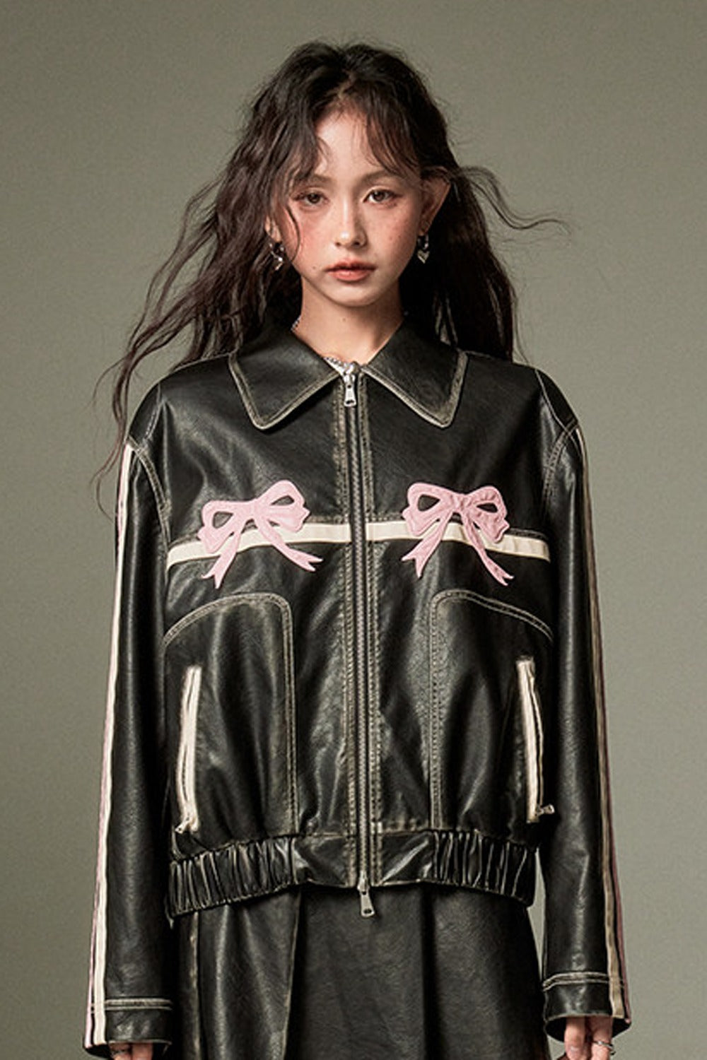Distressed Bow Leather Jacket