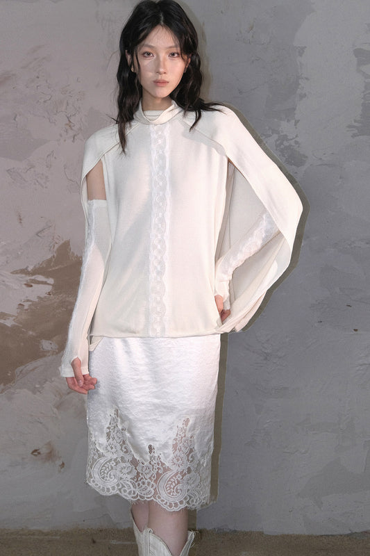 Lace Patchwork Cape Knit Top