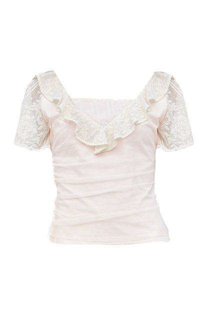 Pink Sheer V-Neck Ruffle Floral Blouse