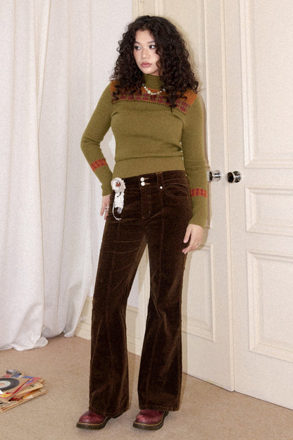 Brown Corduroy Micro-Flared Pants