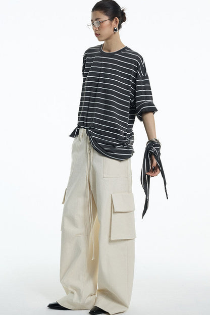 Oversize Gray White Striped Mid-Sleeve Tee