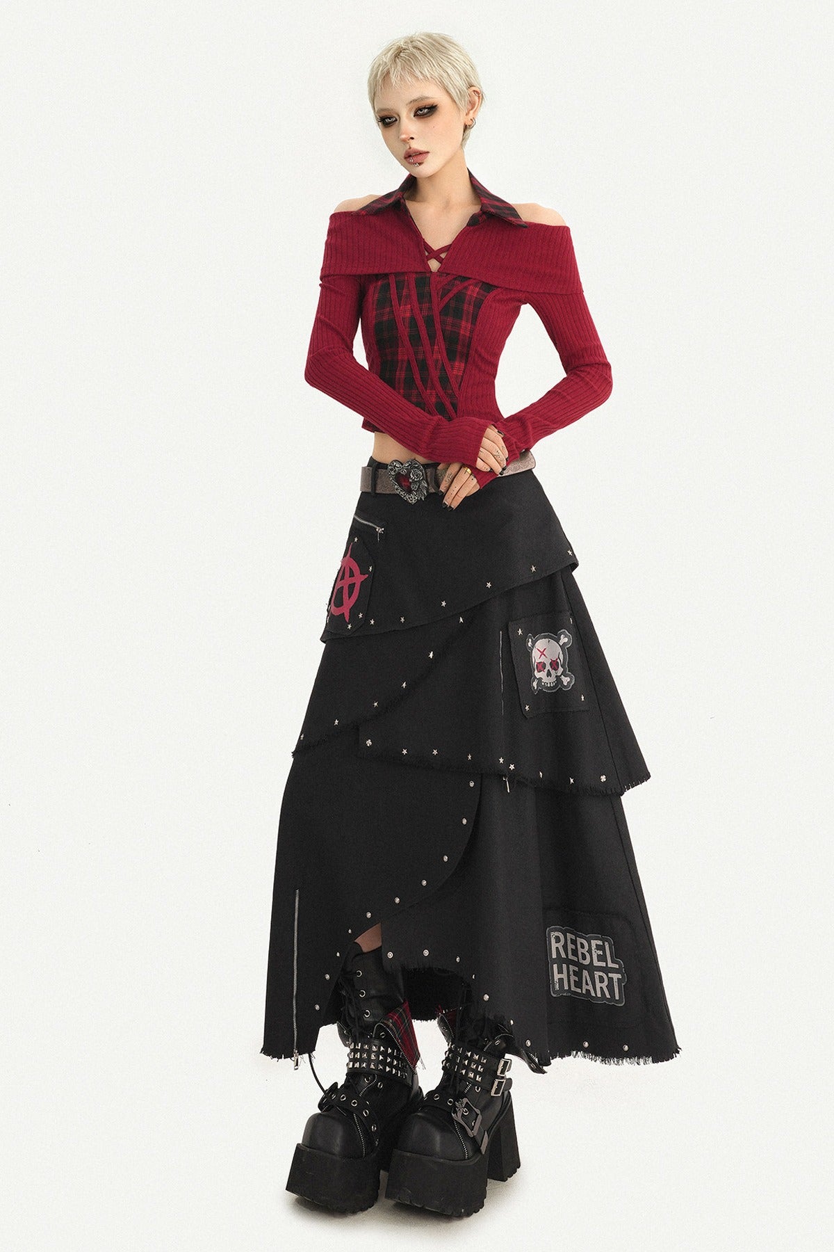 Black Punk Rivet Asymmetrical Skirt