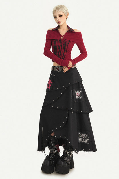 Black Punk Rivet Asymmetrical Skirt