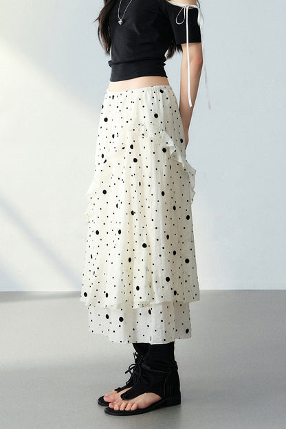 Flocked Polka Dot Ruffled A-Line Skirt and Top Set-Up
