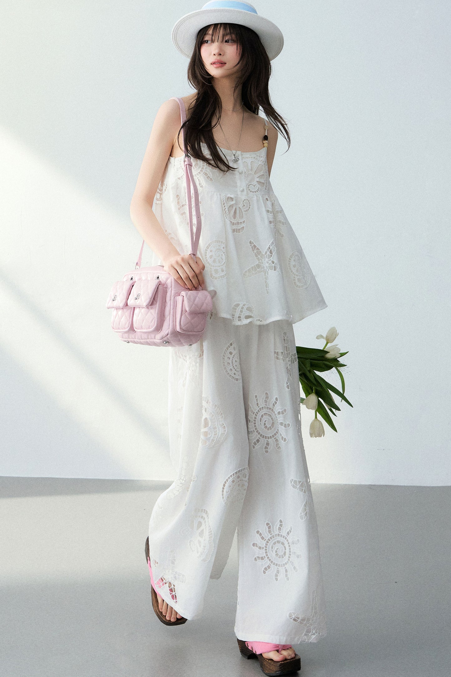 Ocean Hollow Beaded Camisole and Pants Set-Up