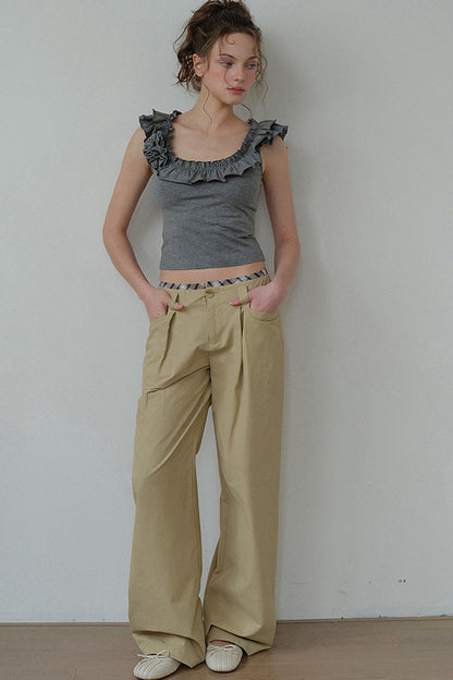 Khaki Plaid Waist Pleated Wide Leg Pants