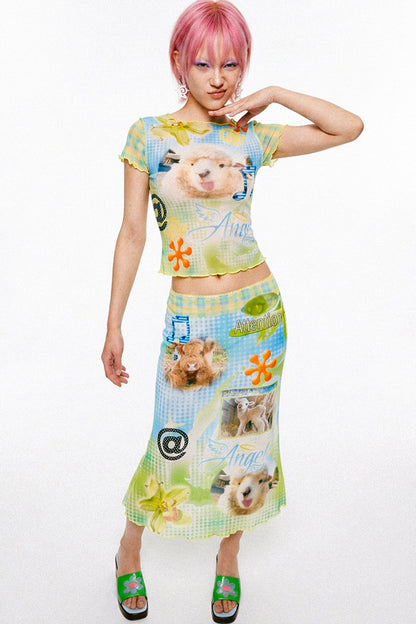 Retro Lamb Mesh Fishtail Skirt Set-Up