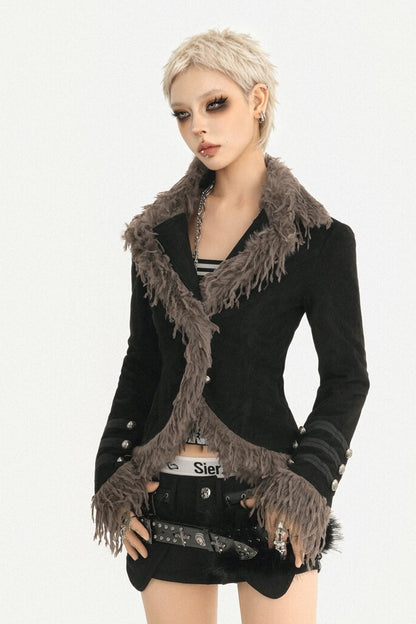Retro Punk Black Fur Collar Jacket