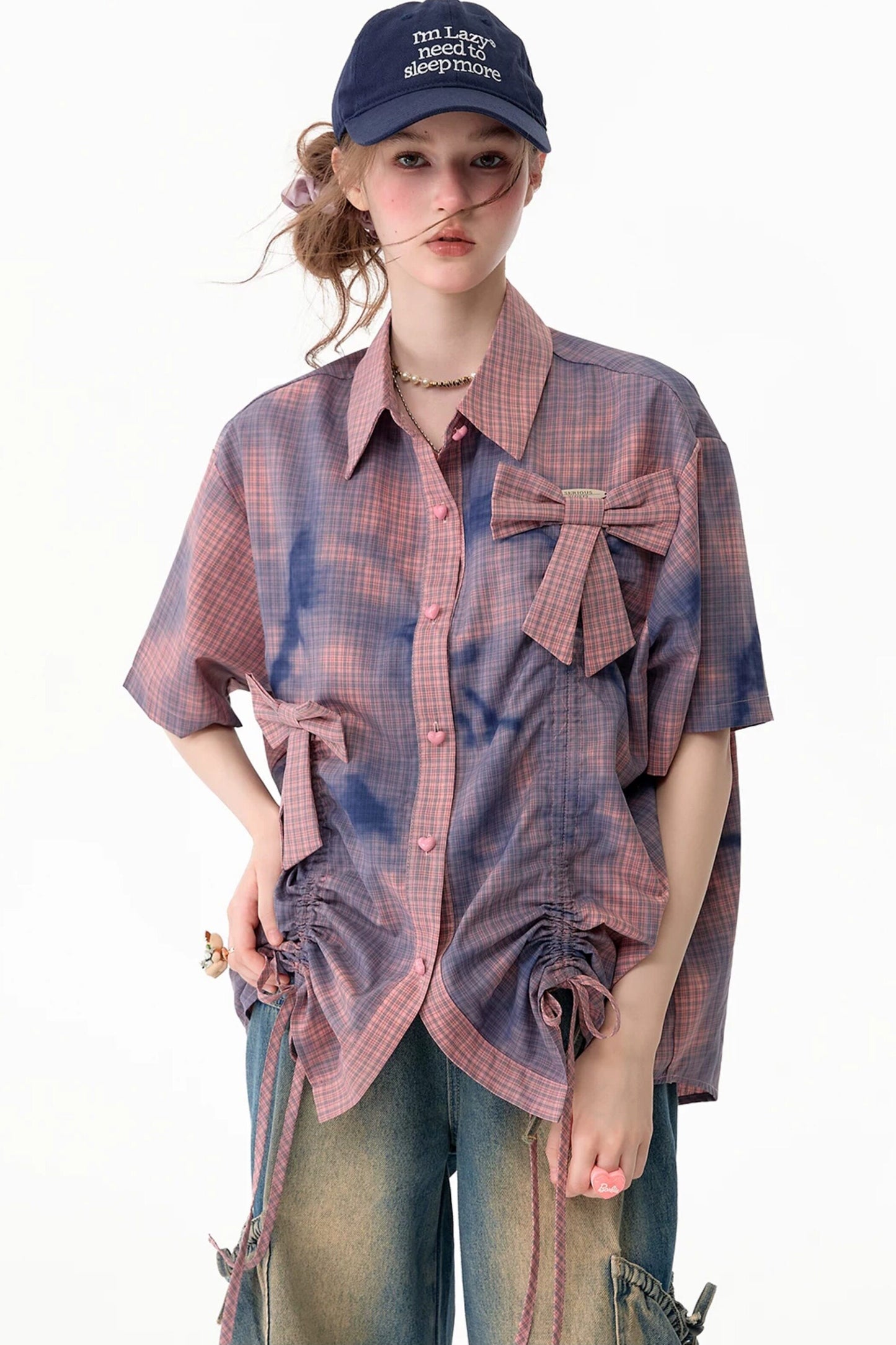 Chemise à manches courtes à carreaux roses avec nœud et cordon de serrage
