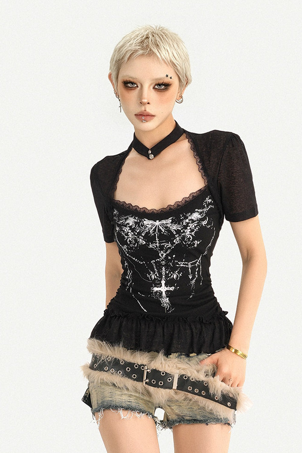 Gothic Patchwork Lace Print Short-Sleeved T-Shirt