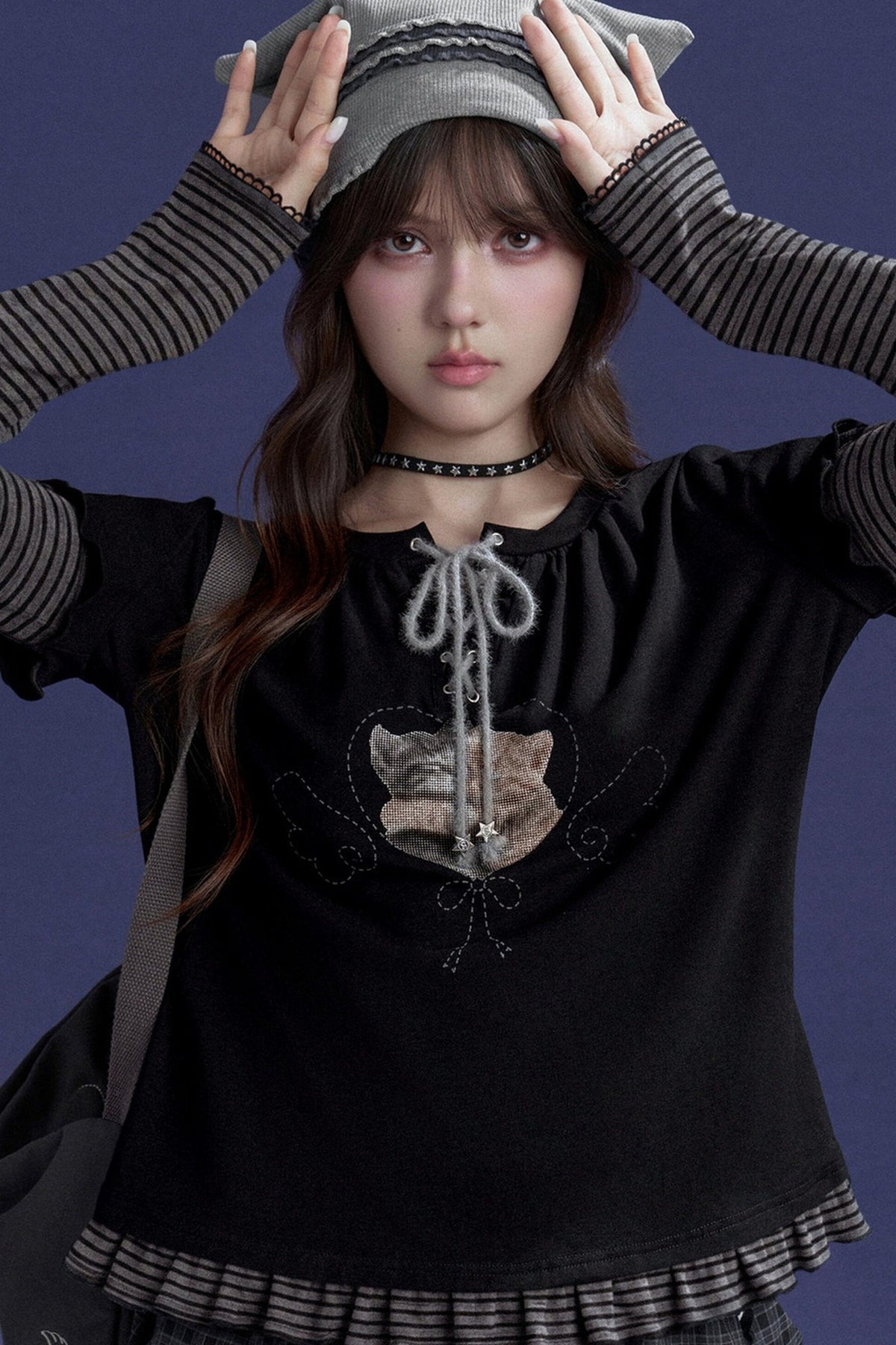 Black Striped Tie-Up Cat T-shirt