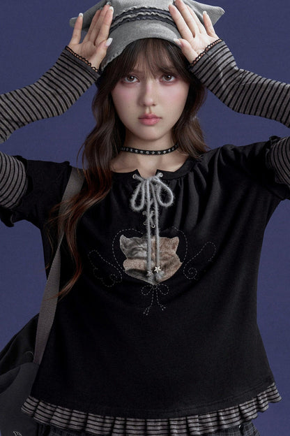 Black Striped Tie-Up Cat T-shirt
