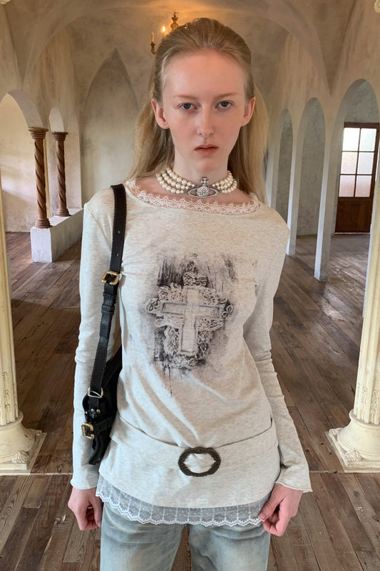 Cross Lace Trim Printed T-Shirt