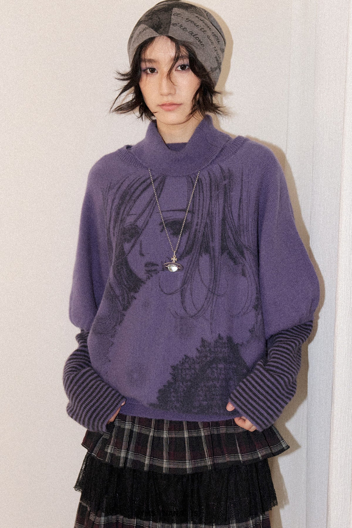 Gray Purple Nana Print Batwing Sweater