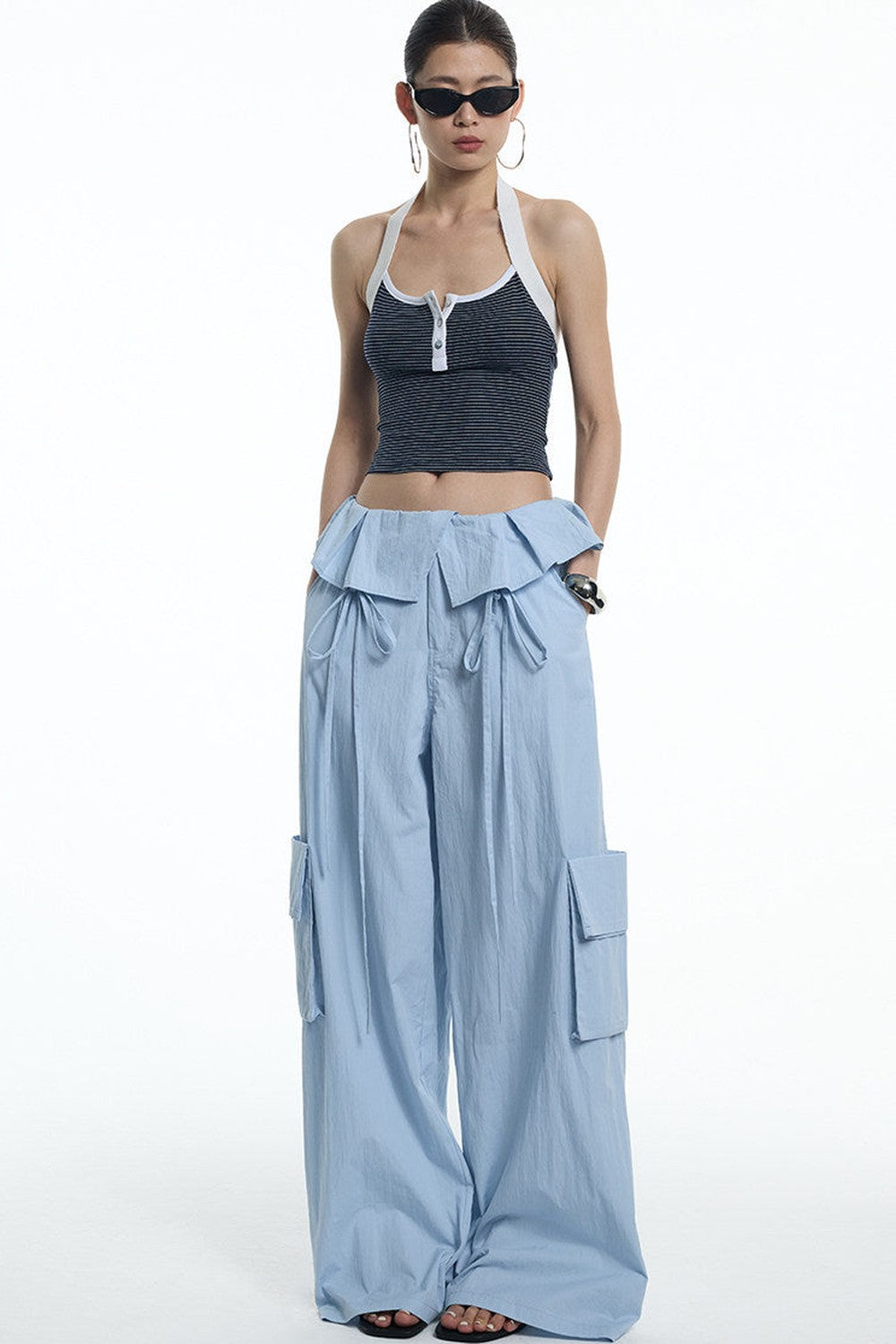 Ruffled Glacier Blue Wide-Leg Pants
