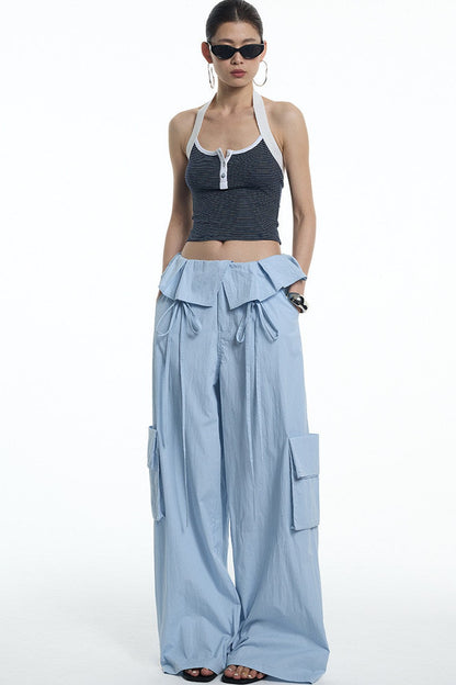 Ruffled Glacier Blue Wide-Leg Pants