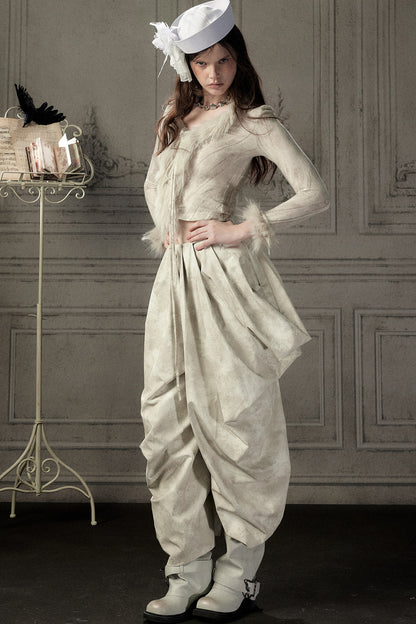 Beige Asymmetrical Stacked Long Pants