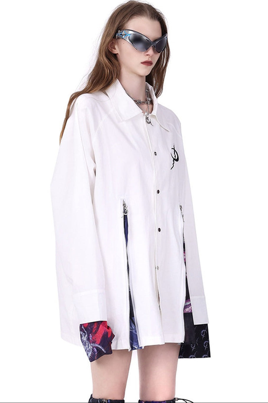 White Patchwork Zipper Slit Windbreaker
