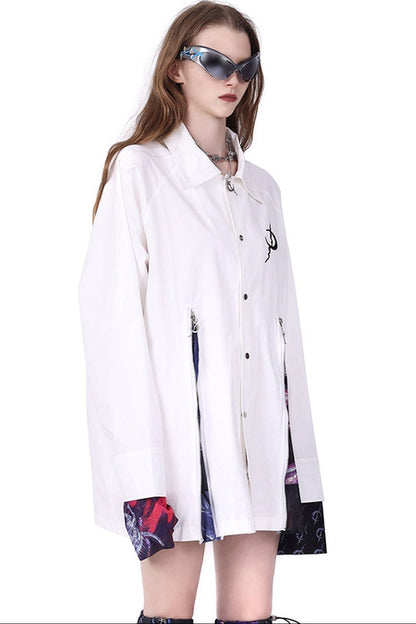 White Patchwork Zipper Slit Windbreaker