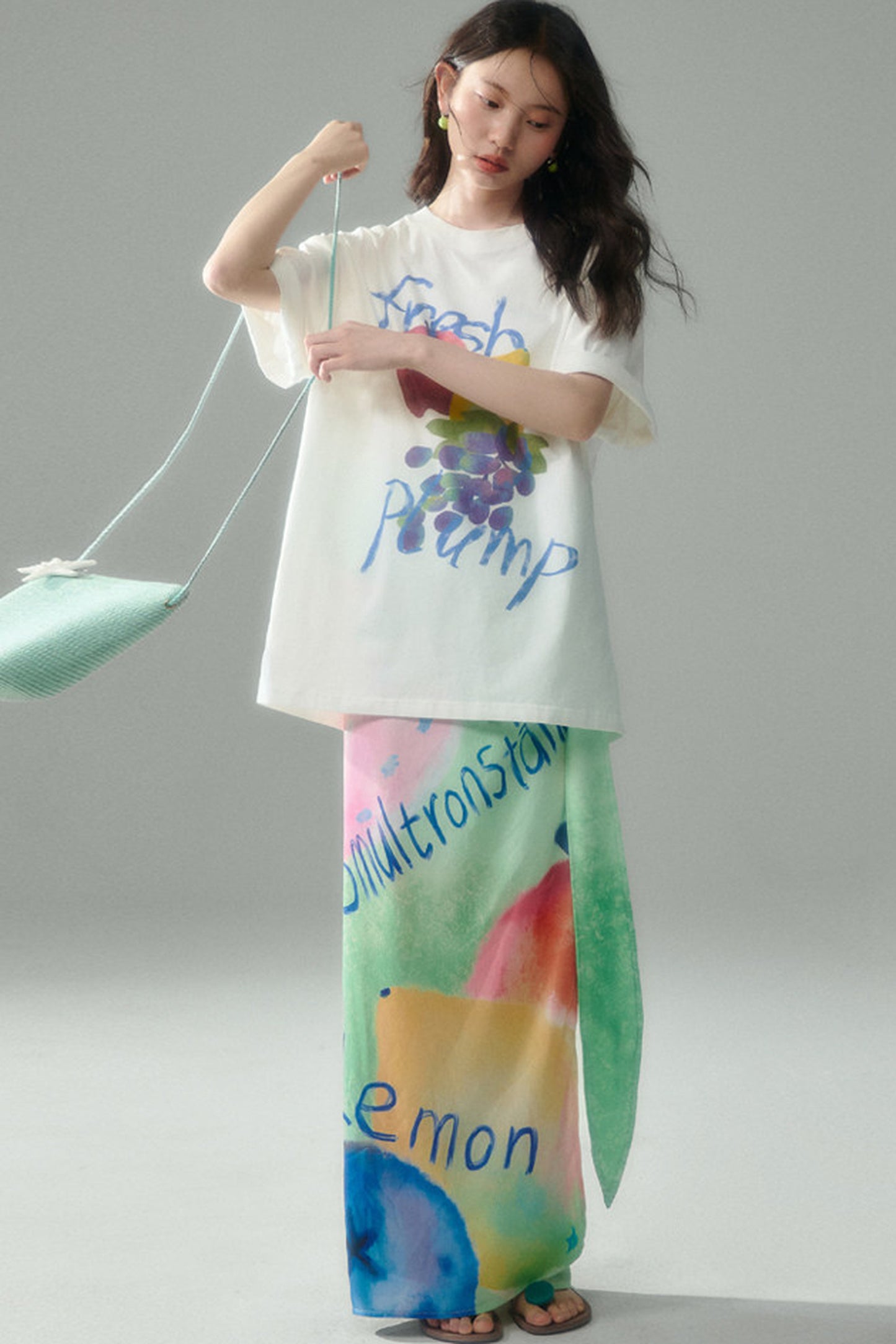 Hand-Painted Fruit Print T-Shirt and Wrap Skirt Set-Up