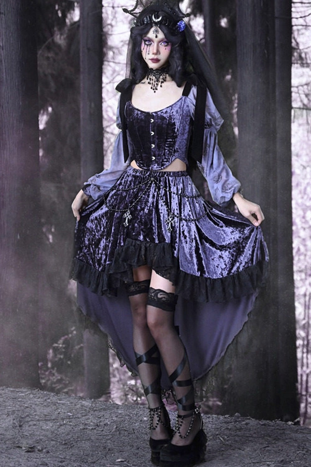 Gothic Velvet High-Low Lace Trim Skirt