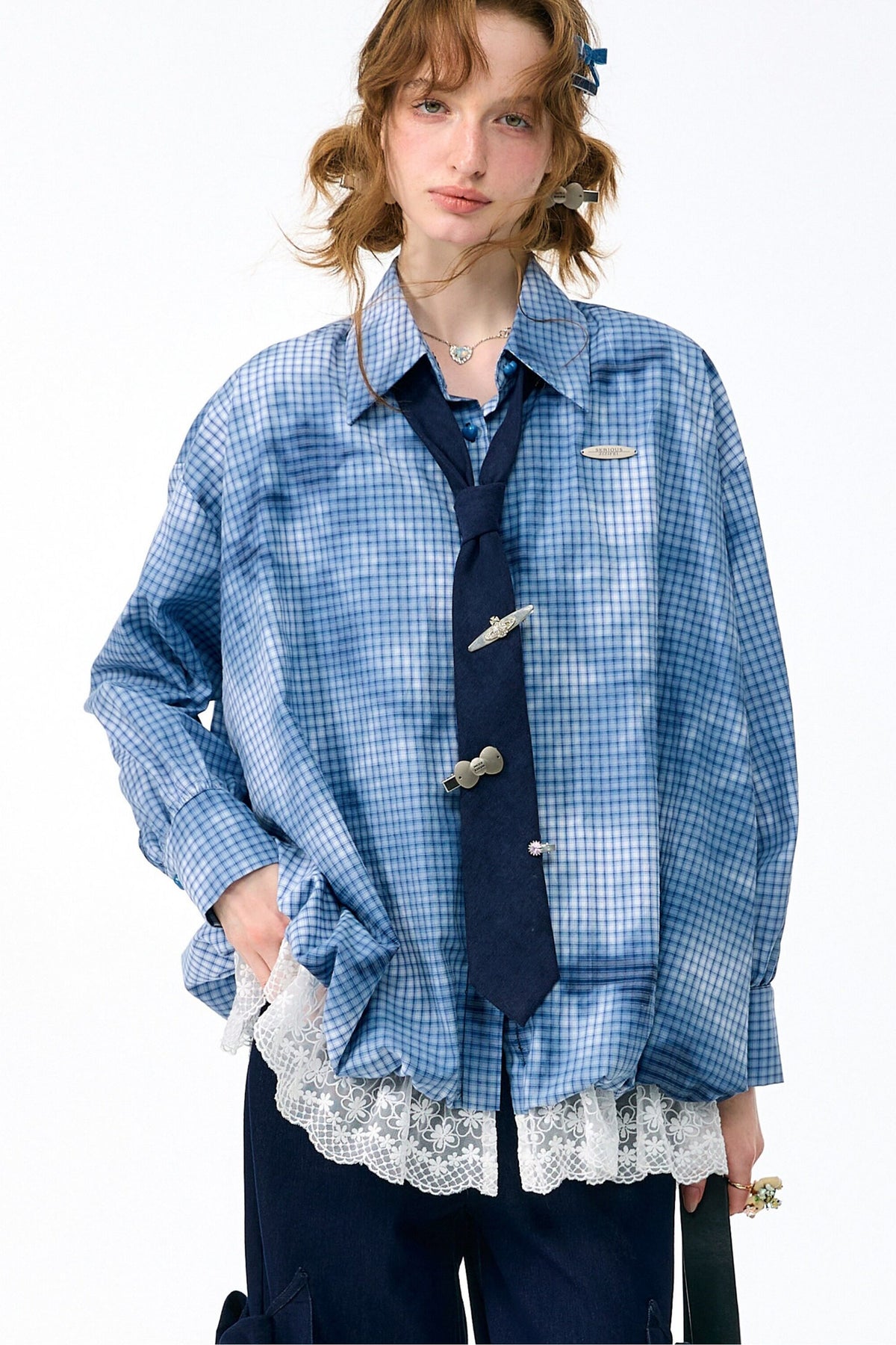 Blue Plaid Lace Blouse