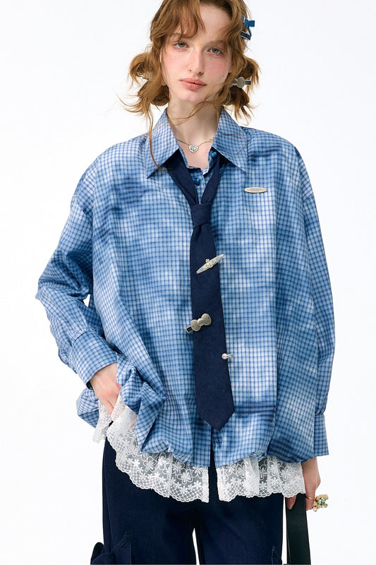 Blue Plaid Lace Blouse
