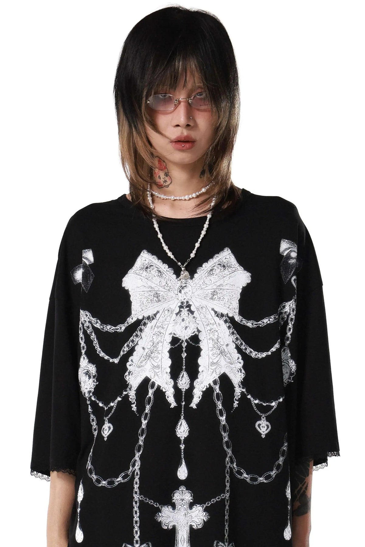 Gothic Bow Chain Rib Cage Lace T-Shirt