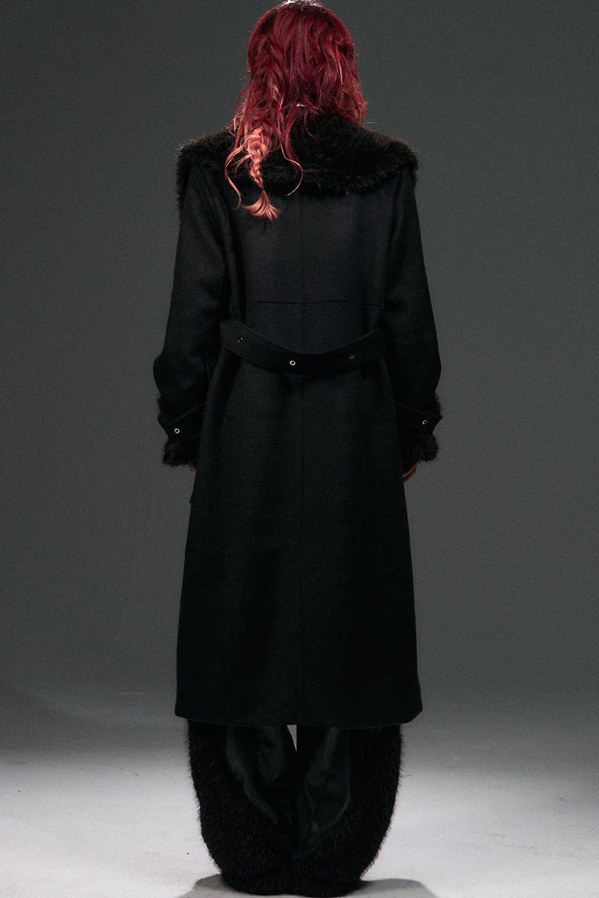 Large Fur Collar Loose Lace-Up Oversized Long Woolen Coat