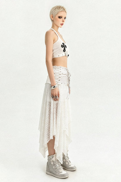 White Cross Print Studded Halter Top