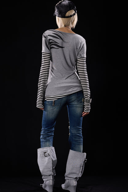 Zebra Print Layered-Look Long Sleeve T-Shirt