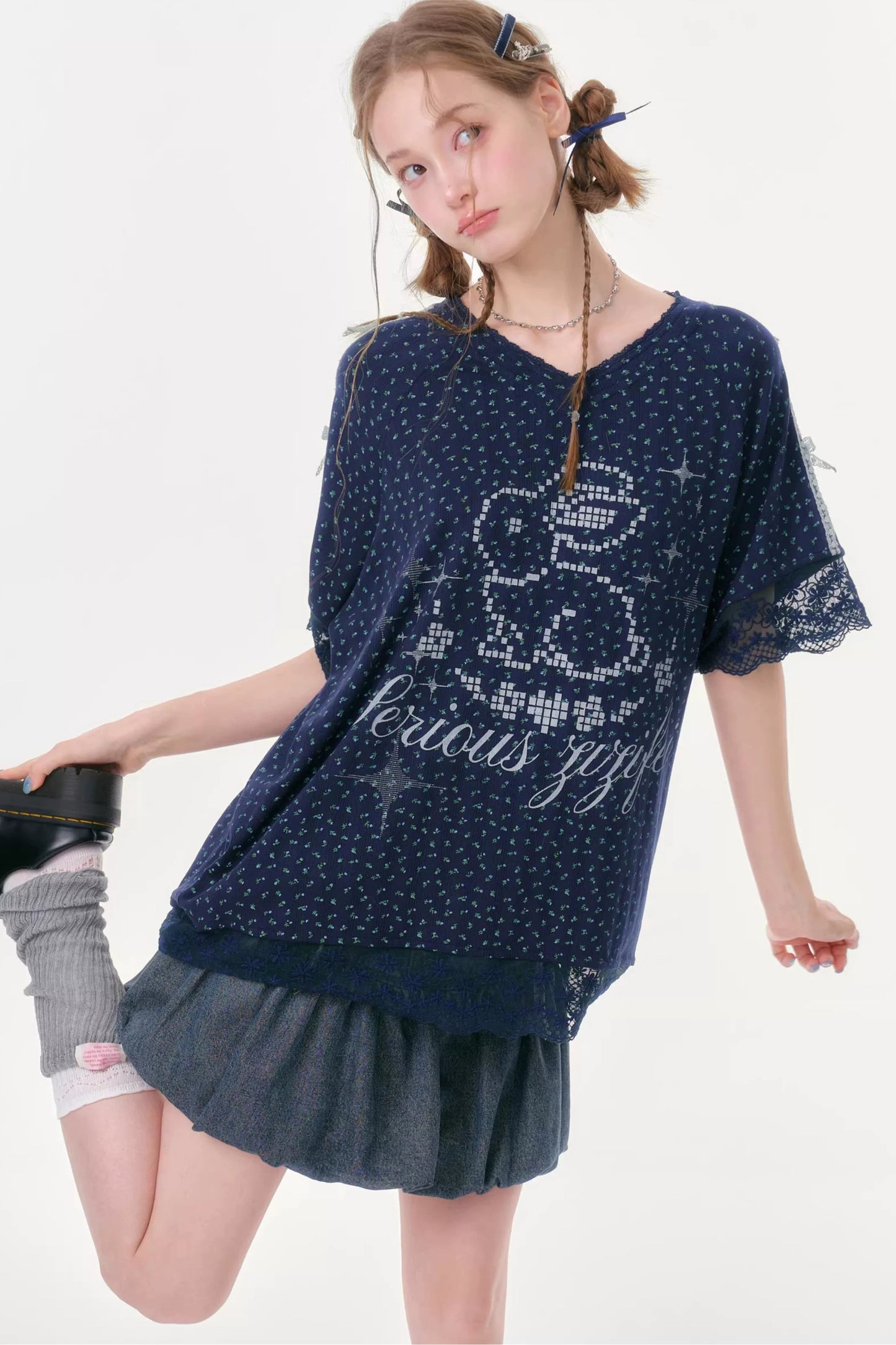 Dark Blue Floral Lace V-Neck T-Shirt