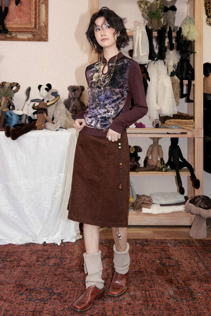 Mandarin Collar Velvet Long-Sleeve T-Shirt