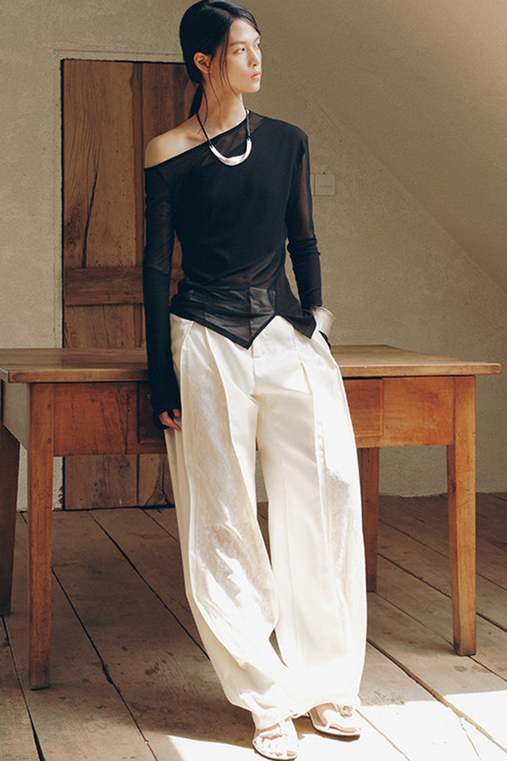 Asymmetrical Sheer Long Sleeve Blouse
