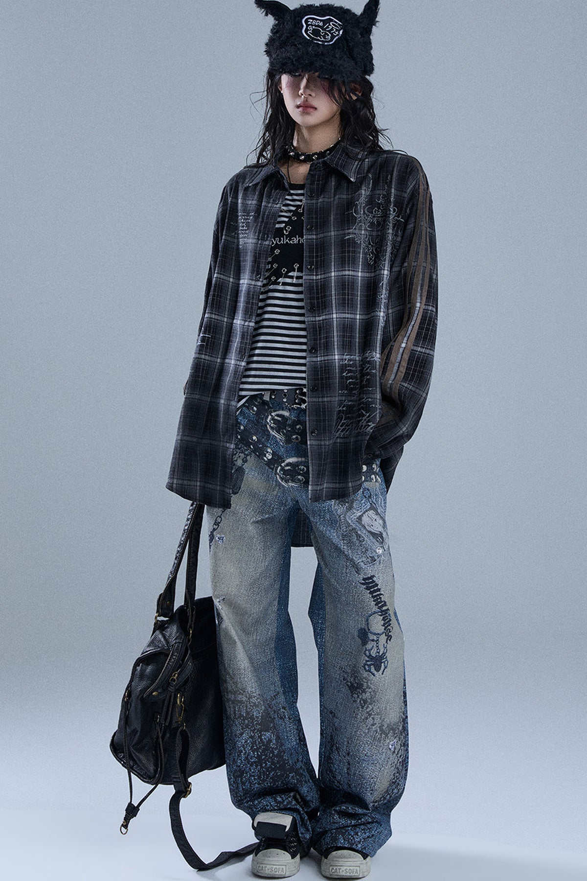 Long-Sleeved Striped Patchwork Plaid Shirt