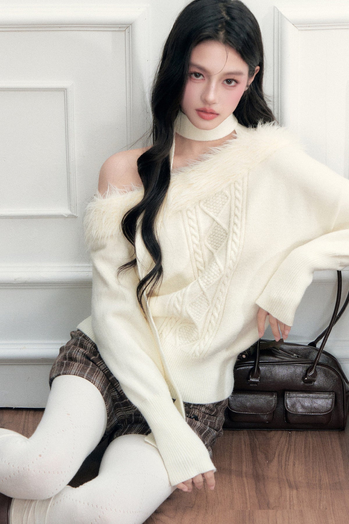 Ribbon Tie Off-Shoulder Cable Knit Sweater