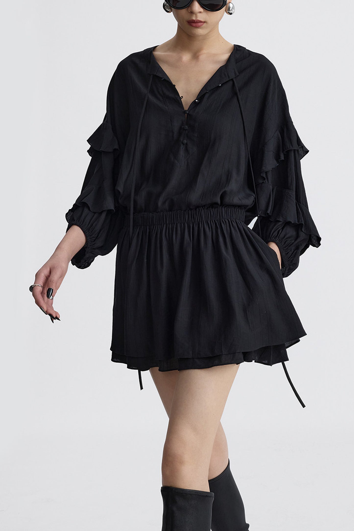 Black V-Neck Ruffle Lantern Sleeve Dress