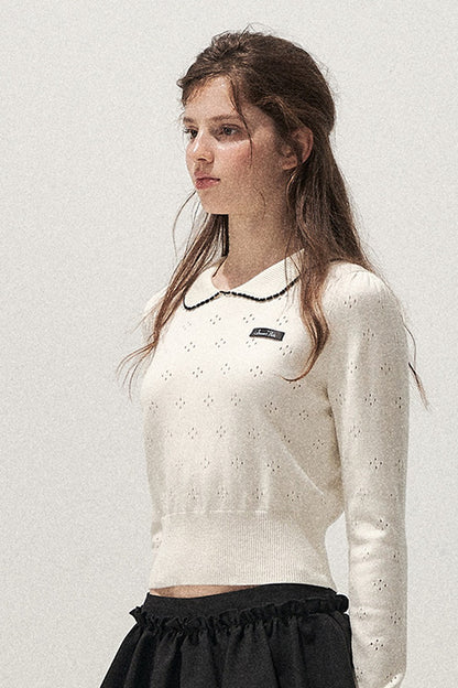 Collar Floral Hollow Knit Top