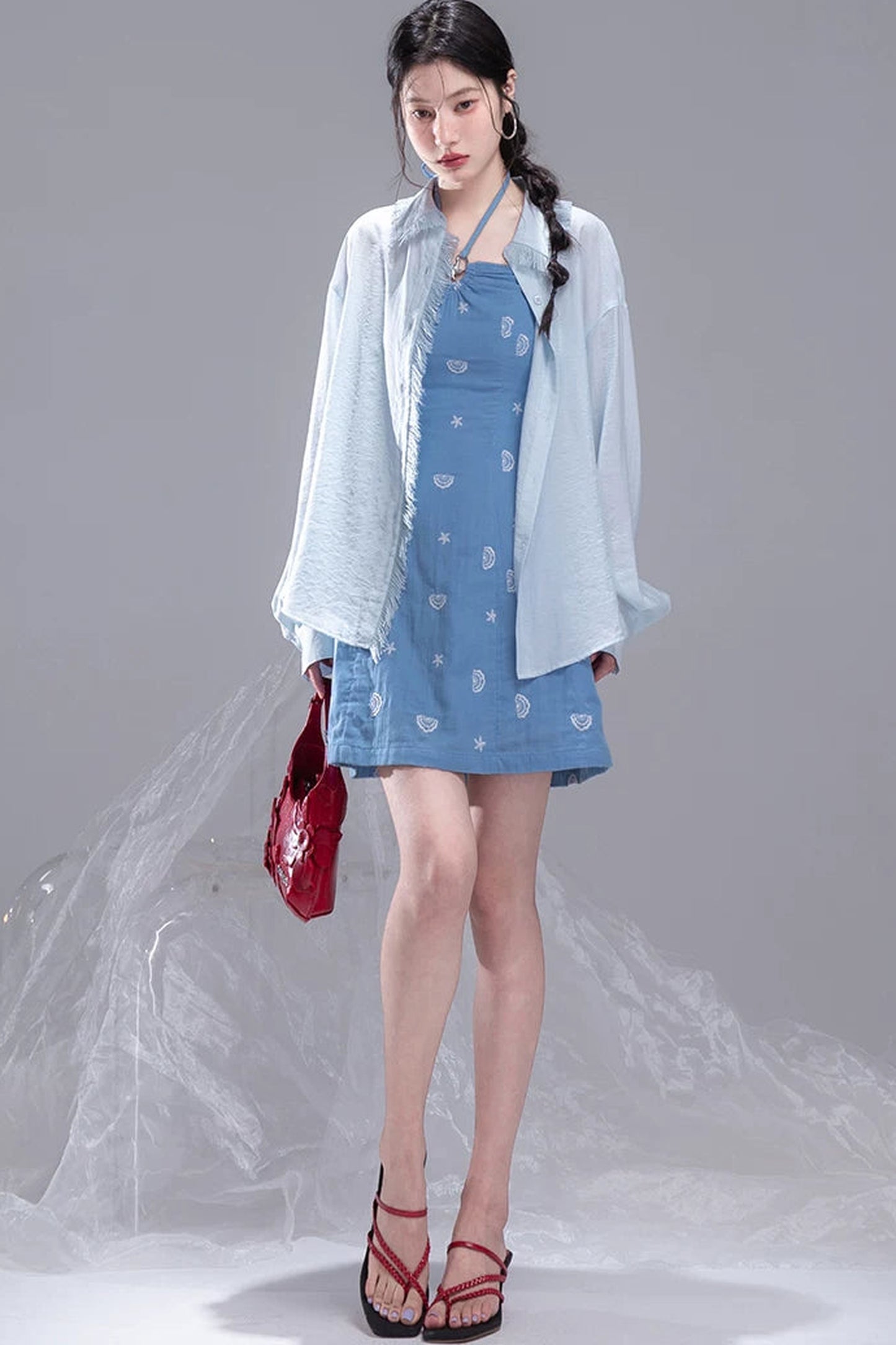 Star Mist Blue Tassel Lace Blouse
