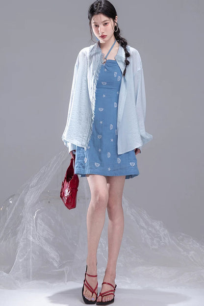 Star Mist Blue Tassel Lace Blouse