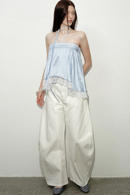 Blue Satin Lace Trim Halter Camisole